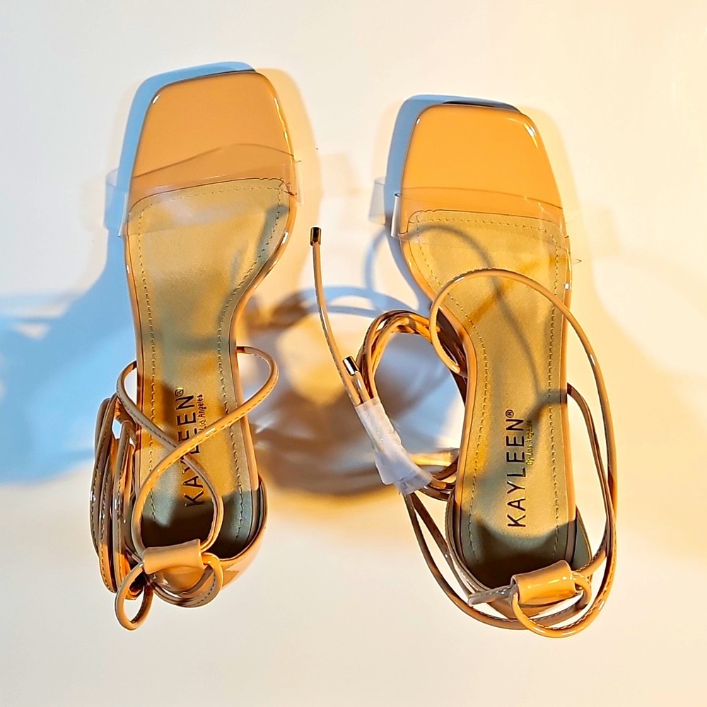 Kayleen Nude Patent Leather Strappy Lace Up Block Heel Square Toe Womens 6